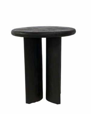 Vane round end table in dark wood finish with curved two-panel base