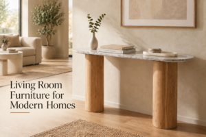 Trave Brown Console Table with Marble Top in a Modern Living Room