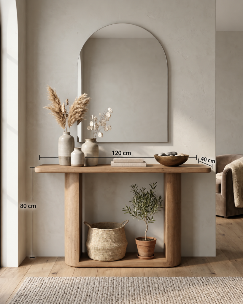 Wooden console table styled with minimal decor in a modern interior|ELVM Homes
