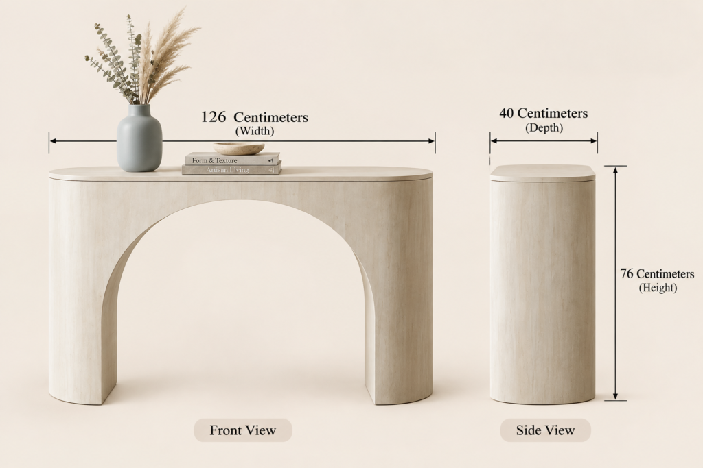 Nimbus Console Table dimensions 126 x 40 x 76 cm with front and side view| ELVM Homes