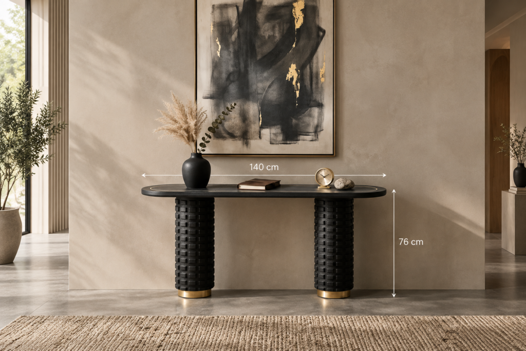 Wide console table positioned against a modern living room wall |ELVM Homes