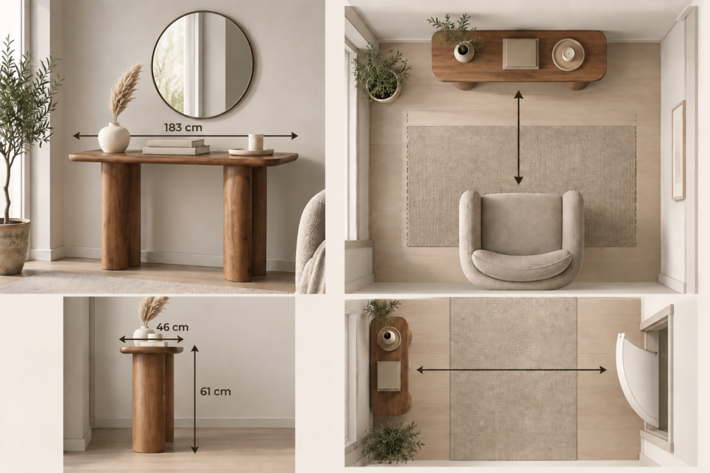 Sora Organic Curved Console dimensions 183 x 46 x 61 cm with front, side and top view layout