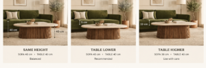ELVM Homes Stria Oval Coffee Table 120 x 60 x 38 cm showing ideal coffee table height, length and distance from a sofa