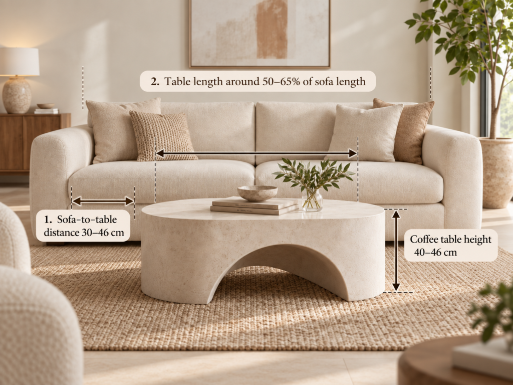 ELVM Homes Nimbus Coffee Table in limestone mango wood with 120 x 40 x 42 cm dimensions placed in front of a sofa showing ideal coffee table height and sofa distance