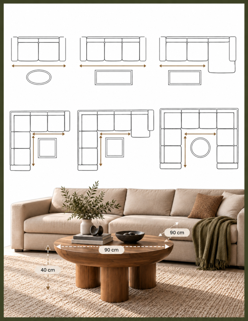 ELVM Homes Tripod Coffee Table with rounded mango wood top and three cylindrical legs, 90 x 90 x 40 cm, shown with different sofa sizes and seating layouts