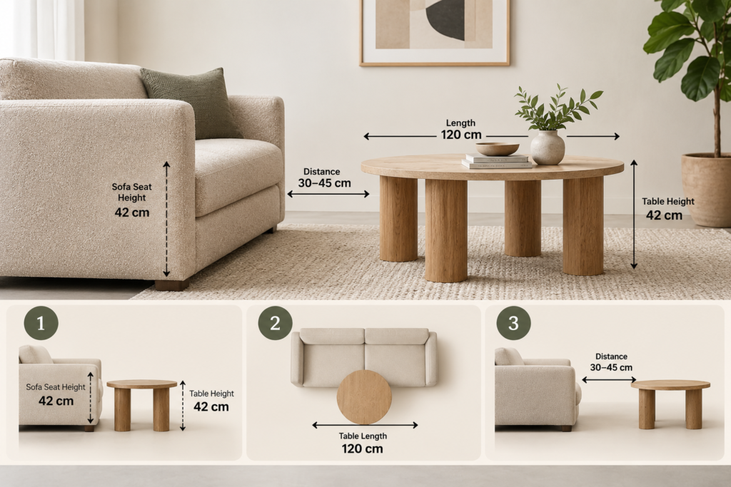 ELVM Homes Doric Brown Coffee Table in Dune finish with Italian travertine and mango wood, 90 x 90 x 45 cm, shown with sofa sizing and placement guide