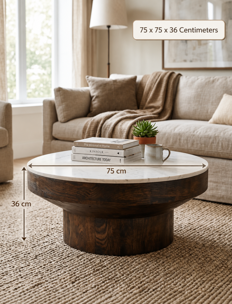 ELVM Homes Tier Coffee Table with Indian white marble top and smoked walnut mango wood base, 100 x 100 x 40 cm