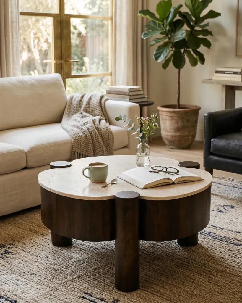 ELVM Homes Nexus Coffee Table with Italian Botticino marble top and dark espresso mango wood legs, 76 x 73 x 33 cm, styled in a living room