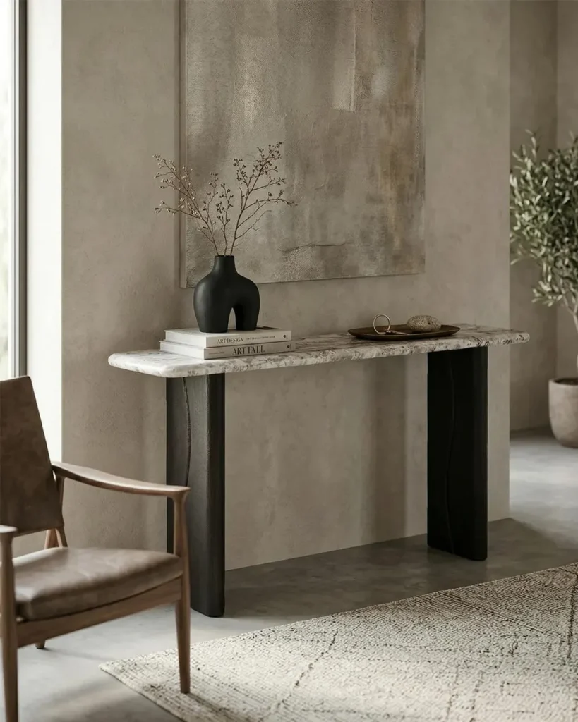 Console table height compared with sofa back in a living room| ELVM Homes