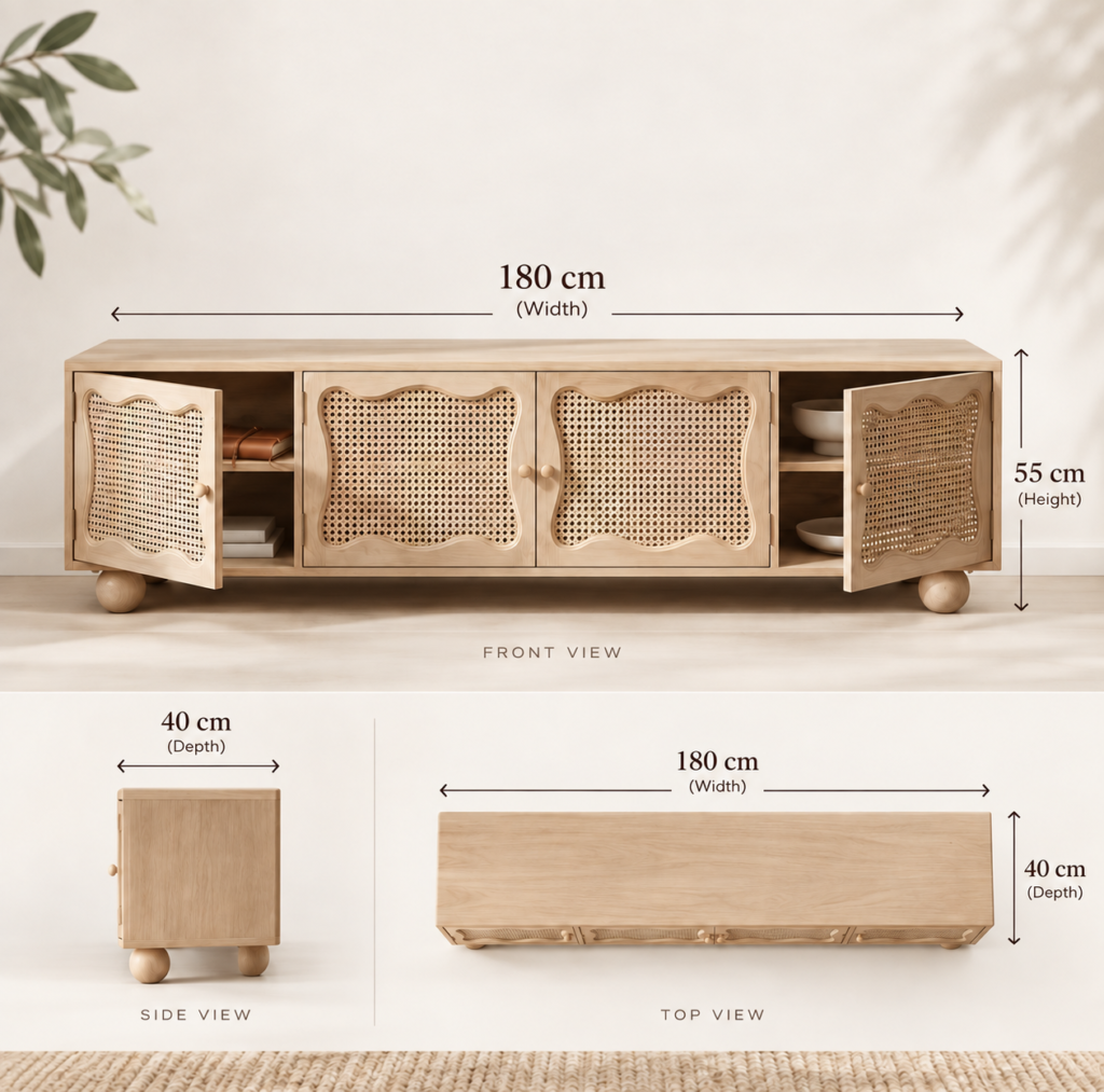 TV unit dimensions infographic showing a natural oak rattan cabinet measuring 180 cm wide, 40 cm deep and 55 cm high with front, side and top views.