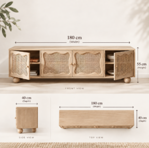TV unit dimensions infographic showing a natural oak rattan cabinet measuring 180 cm wide, 40 cm deep and 55 cm high with front, side and top views.