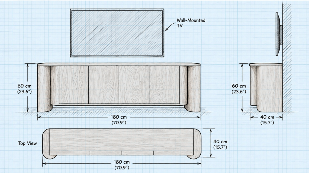 Wooden TV unit dimensions infographic showing 180 cm width, 40 cm depth and 60 cm height with front, side and top views